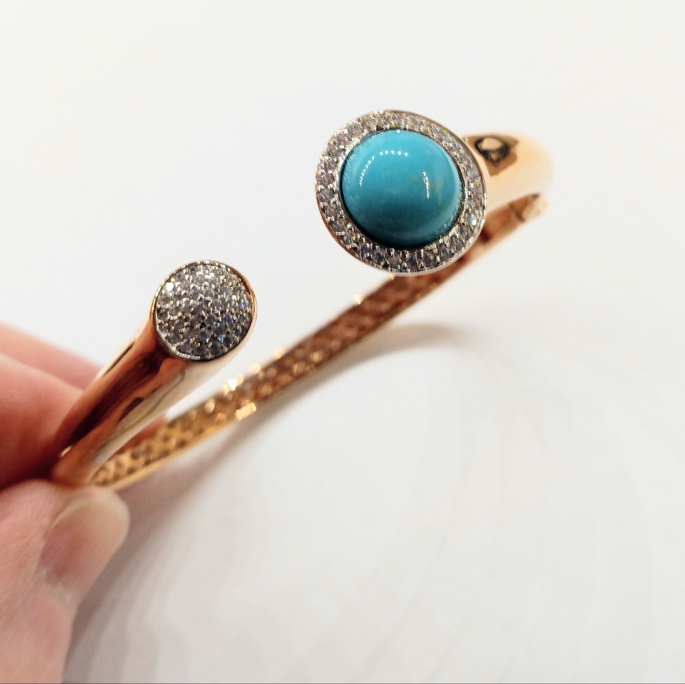 Milor Italy Sterling Rose Gold Turquoise and Cubic Zirconia Hinged Cuff